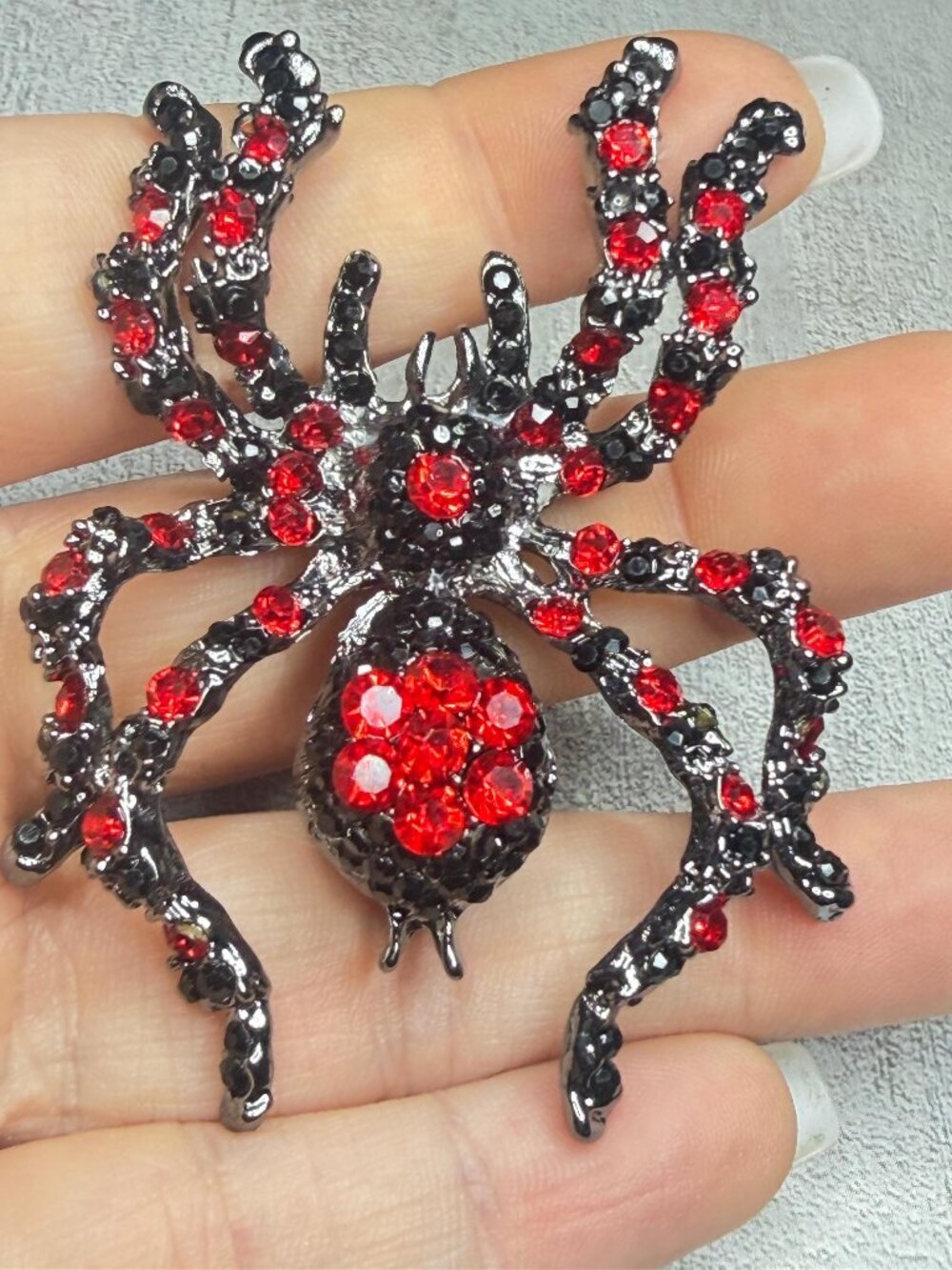Spider Brooch Red and Black Rhinestone Pin 3 inches